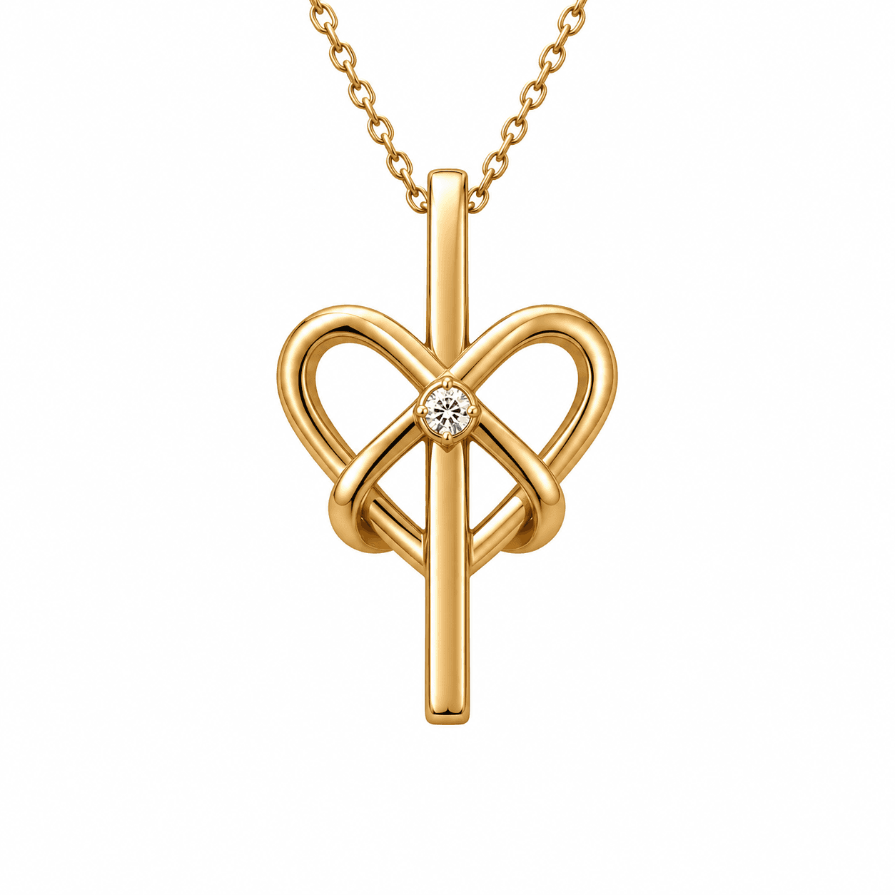 The Father's Embrace, an 18K solid yellow gold pendant with gently upward-curving arms, on a fine gold chain