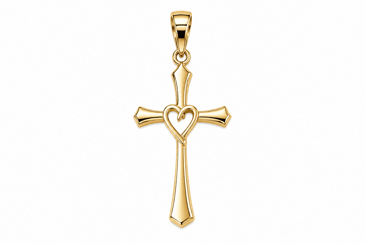 The First Love: an 18K solid yellow gold cross with a heart worked quietly into the crossing, on a fine chain