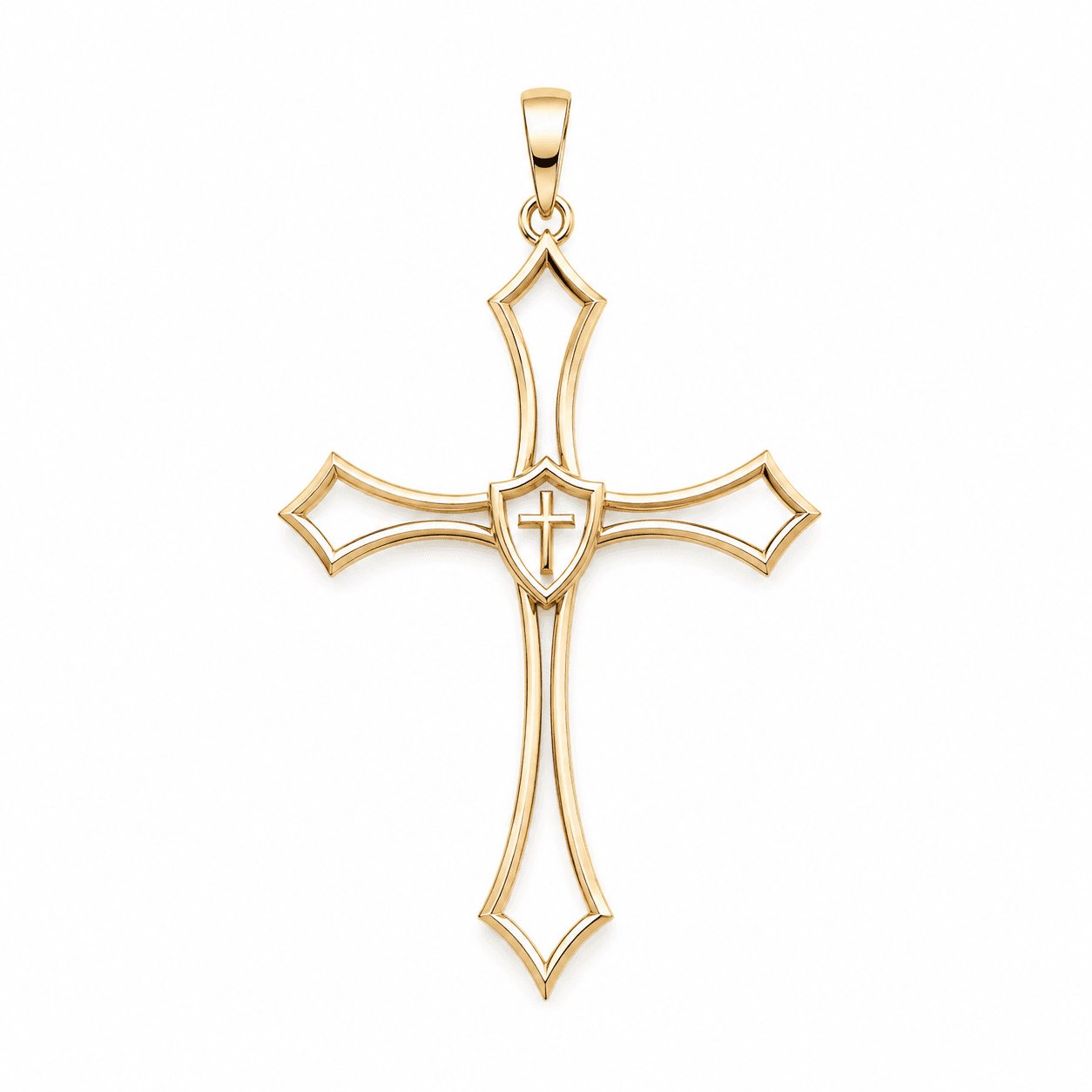 The Father's Shield: an openwork 18K solid yellow gold cross with lance-point terminals and a shield set at the crossing, a small cross inside the shield