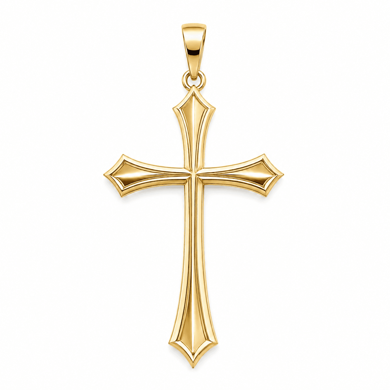 The Still Point: a slender 18K solid yellow gold cross with tapered, lance-point terminals and clean, even lines, engraved Jer. 29:11 on the reverse